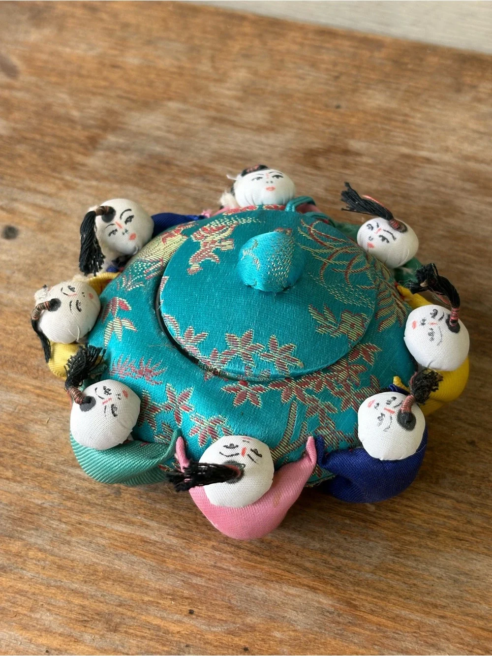 VTG Chinese silk brocade pincushion trinket box.